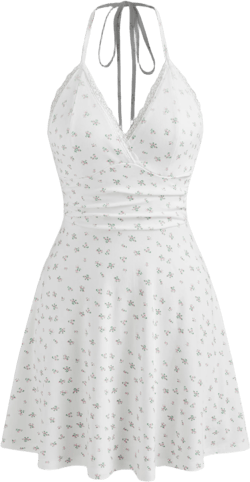 Halter Neckline Floral Lace Trim Ruched Mini Dress