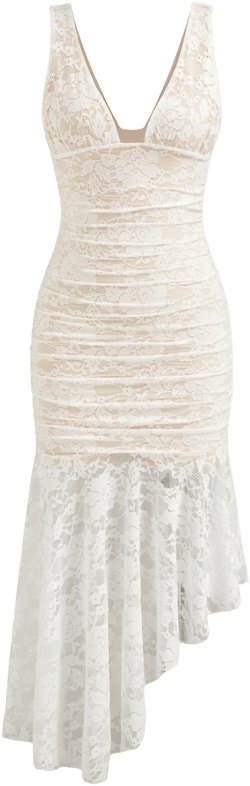 Lace V-neck Ruched Asymmetrical Ruffle Hem Maxi Dress