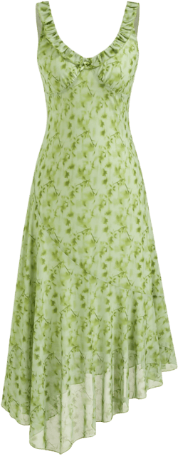 Mesh V-neck Floral Bowknot Ruffle Hem Maxi Dress