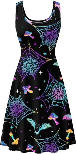 XS-4XL Dresses for Women Sleeveless Party Cocktail Swing Tank Sundress with Pocket… Halloween Bat Spider Web Mushroom XX-Large