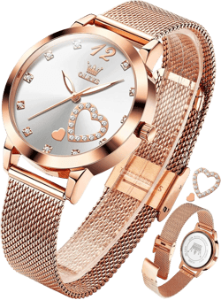 OLEVS Watch Women Mesh Watches for Women with Date Analog Quartz Ladies Watches Classic Dress Womens Wristwatch Waterproof （Blue/Black/White Face） heart rose gold white