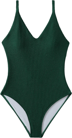 SweatyRocks Women's V Neck One Piece Bathing Suit Strappy Ribbed Monokini Swimsuit Dark Green X-Large