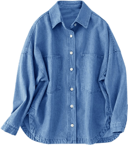 Women Denim Jacket Shacket Long Sleeve Oversize Boyfriend Jean Jacket Shirt Navy Blue Large