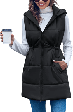 Inorin Womens Quilted Puffer Vests Hooded Sleeveless Long Outwear Jacket Zip Up Winter Coat with Pockets Large Black