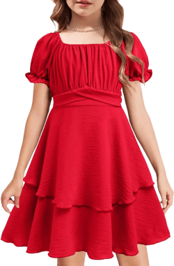 Arshiner Girls Dresses Summer Short Sleeve Off Shoulder Ruffle Tiered Layer Party Dress 6 Red