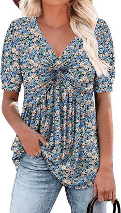 ONLYSHE Womens V Neck Shirts Short Sleeve Tops Front Knotted T Shirt Casual Solid&Floral Tunic Summer Henley Tees Blouse 3-b-orangeblue Large