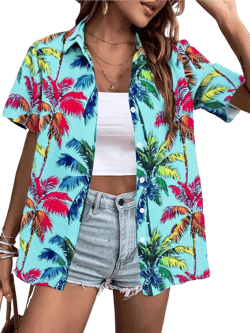FAYALEQ Womens Summer Hawaiian Shirts Soft Cool Floral Tropical Print T-Shirt Button Down V Neck Short Sleeve Tee Tops