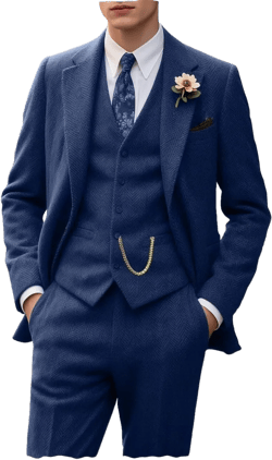 Retro Tweed Men's Suit 3 Piece Slim Fit Herringbone Suits Groom Tuxedos Set Wedding Prom Blazer Jacket Vest Pants for Men Navy Blue XX-Small
