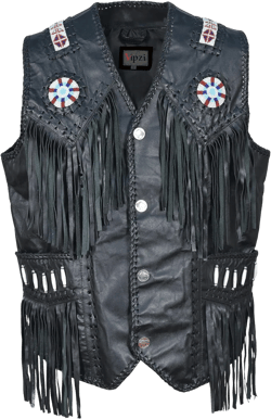 Men’s Western Cowhide Suede & Leather Vest – Beaded Fringe Yoke & Back Native-Inspired Cowboy Biker Vest Large Black Leather & White Beads