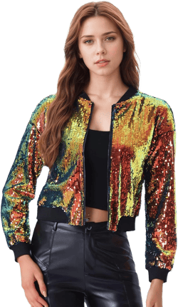 Allegra K Women's Bomber Jacket Long Sleeve Zipper Shiny Glitter Tops Sparkly Shirts Casual Sequin Jacket X-Large Green Pink