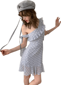 [A00842]Lavender Asymmetrical Polka Dot Dress
