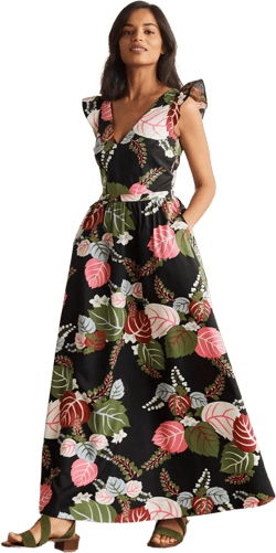 Andrea Frill Sleeve Maxi Dress-Black, Holiday Tropic