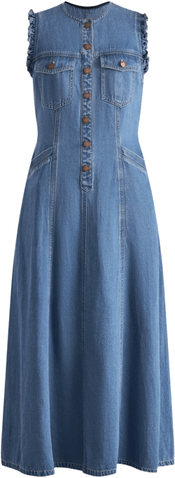 Amelia Scallop Buttoned Cinched Midi Dress in Cotton Linen Denim