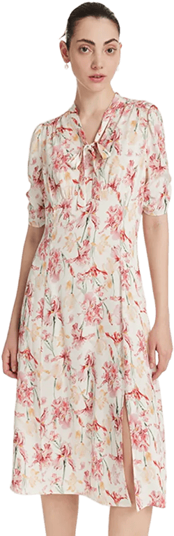 19 Momme Mulberry Silk Iris Print Bow Tie Neck Slit Women Midi Dress