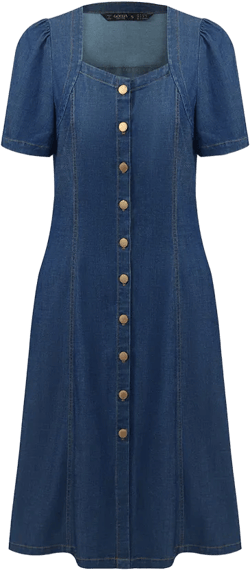 Denim Puff Sleeves Single-Breasted Women Midi Dress