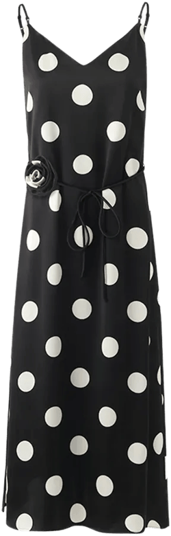 Acetate Polka Dots Print Spaghetti Strap Women Midi Dress With Rose Belt