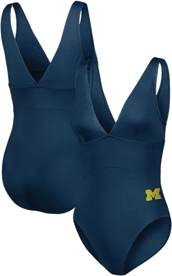 Women's Navy Michigan Wolverines Palm Modern V-Neck One-Piece Swimsuit