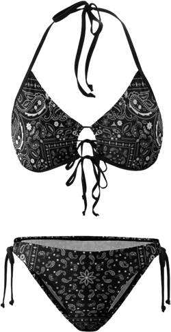 Women Two Piece Swimsuit Black Paisley Bandana Print Swimwear Halter String Sexy Triangle Bikini Sets Swimsuit Bathing Suits, Black and White,M