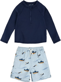 FIRSTS by petit lem Boys' Long Sleeved Rash Guard & Shorts Two Piece Swimsuit - Baby