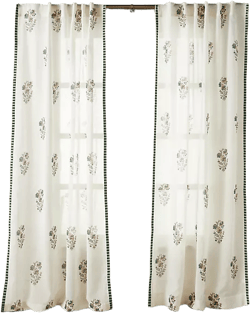 Cotton Block Print Curtain with Striped Trim