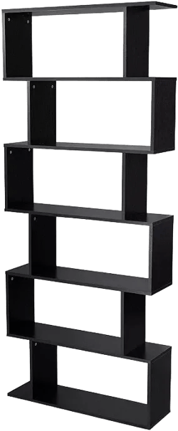 6 Tier S-Shaped Bookcase Z-Shelf Style Storage Display Modern Bookshelf Black