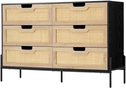 6 Drawers Dresser For Bedroom, Natural Rattan Drawer With Spacious Storage, Wood Chest Of Drawers With Metal Legs For Bedroom, Living Room, Hallway, Entryway (5 Drawers Dresser)