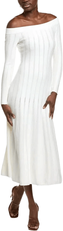 Off-the-shoulder Knit Midi Dress In White