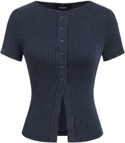 Round Neckline Stripe Button Split Short Sleeve Top