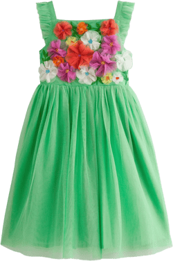 Appliqué Tulle Dress-Pea Green Flowers