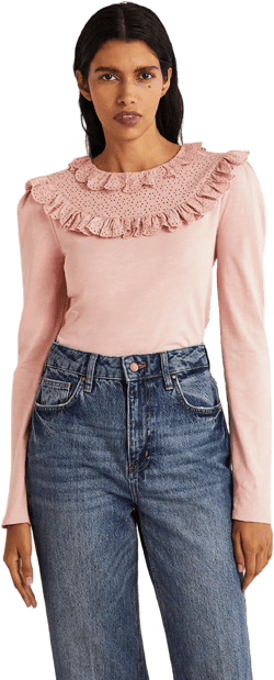 Broderie Yoke Frill Top-Milkshake Pink