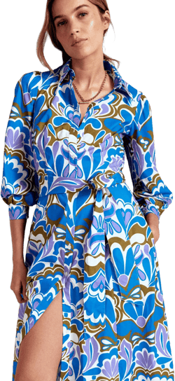 Clara Cotton Shirt Dress-Kingfisher Blue, Freesia Stamp