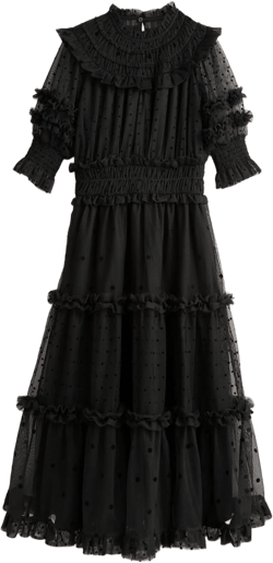 Black Polka Dot Tulle Midi Dress-Black