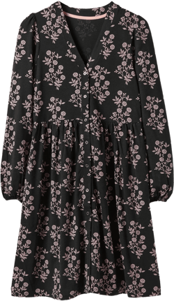 Button Through Jersey Dress-Black, Leafy Cluster
