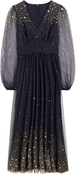 Christina Tulle Midi Dress-Navy, Foil Scattered Stars