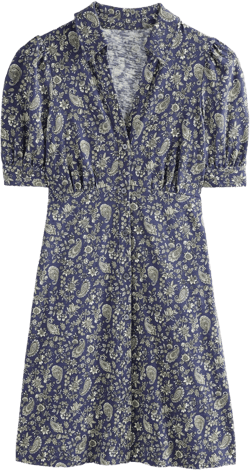 Button Jersey Mini Tea Dress-Navy, Dandelion Paisley