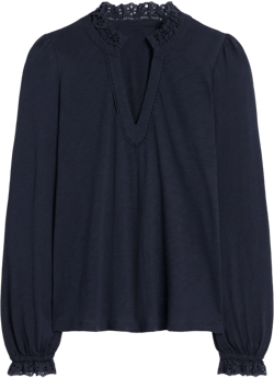 Aria Broderie Notch Neck Top-Navy