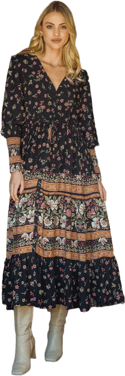 Stephanie Maxi Dress - V-Neck Buttoned Down Dress with Pull Tie Waist in Eternity Print