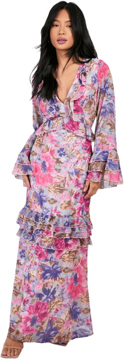 Petite Floral Ruffle Flare Sleeve Woven Maxi Dress