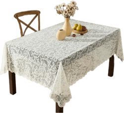 Scroll Lace Fabric Tablecloth, Lace Fabric Table Cloth Rectangle Tables, Wrinkle Resistant Tablecloth, Patterned Scalloped Tablecloth