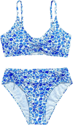 Girl's Ditsy Floral Bathing Suits 2 Piece Ruched Wireless Boho Bikini Swimsuits Summer Beachwear