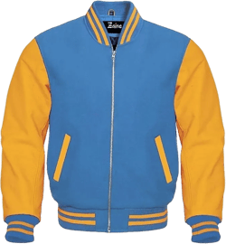 Men's Varsity Jacket Zipper Letterman Bomber Sky Wool & Gold Leather Sleeves Baseball Style" Large Sky Gold