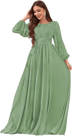 Long Sleeve Chiffon Bridesmaid Dresses for Women Long Ruched Empire Waist Wedding Formal Evening Gown 10 Sage Green