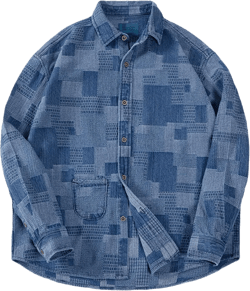 Japanese Retro Denim Shirts For Men Jacquard Patchwork Long-Sleeve Button Down Shirt Jacket Oversize Spring Outerwear Large Jeans Blue