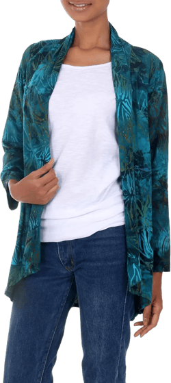 NOVICA Handmade Rayon Batik Kimono Jacket Long Sleeve Women's with Teal Floral Print Clothing Blue Green Indonesia 'Kenanga' X-Large Blue, Green