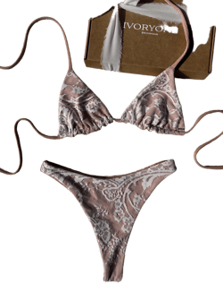 Lace Triangle String Bikini Set in White/Beige with Brazilian/Cheeky bottoms