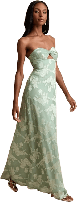 Danae Sage Green Floral Jacquard Strapless Maxi Dress