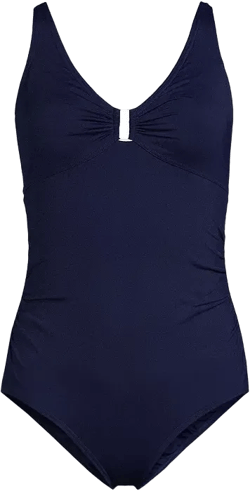 Women's Chlorine Resistant Shirred V-neck One Piece Swimsuit