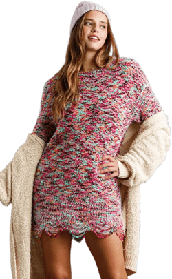 Umgee Full Size Distressed Hem Multicolored Round Neck Knit Tunic Dress Plus Size