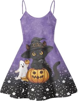 Coloranimal Women's Summer Sleeveless Casual Swing Dresses with Loose Fit Beach Sundress Black Cat Pumpkin Ghost XX-Large