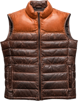 Men's American Style Quilted Puffer Down Vest - Two Tone Tan & Brown Faux And Real Leather Waistcoat X-Large Leather